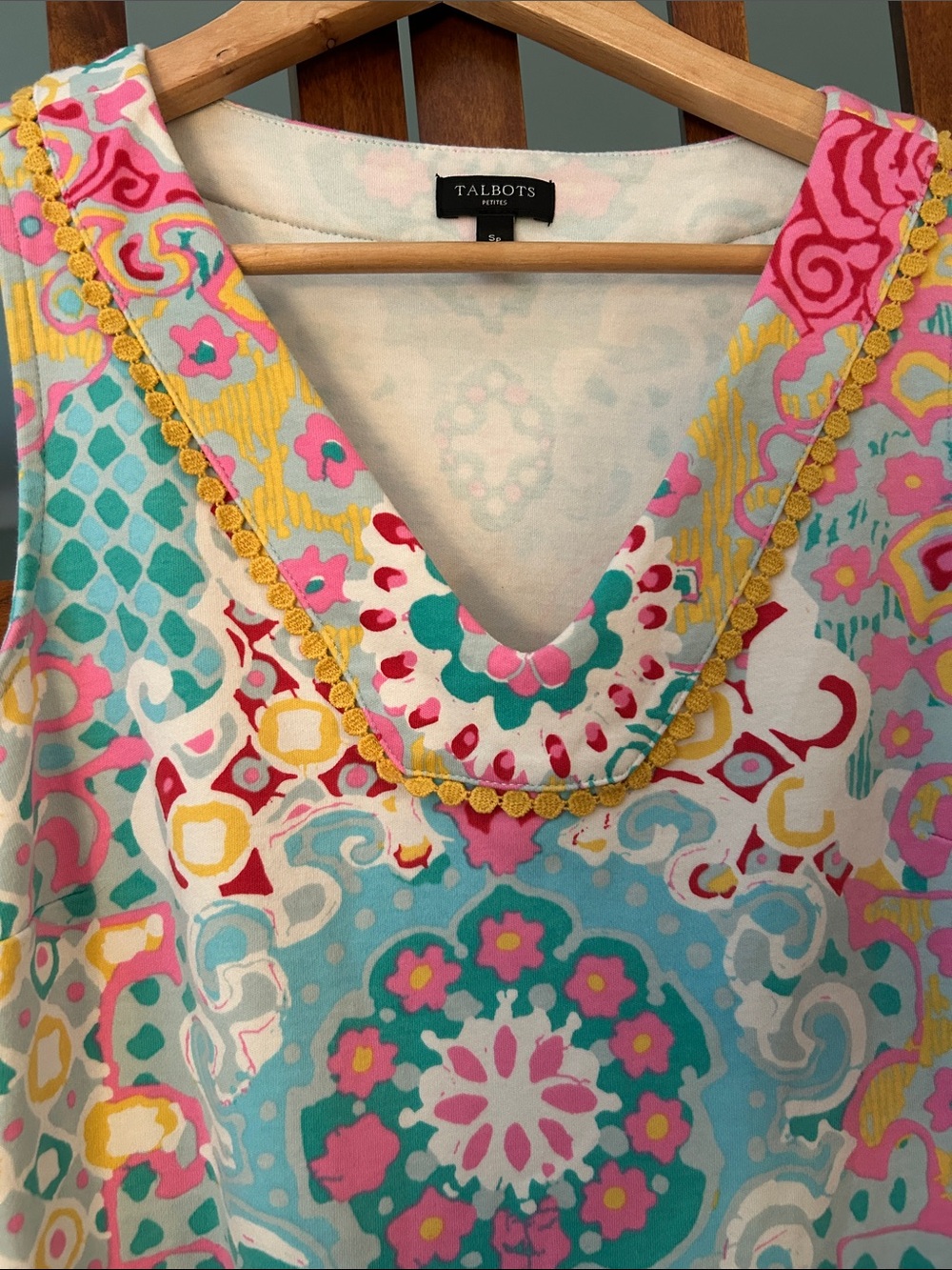 Talbots Pink & Turquoise Sleeveless Mosaic V-Neck Shift Dress - Picture 3 of 13